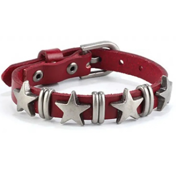 Red Leather & Silver Stars Bracelet - Picture 1 of 11